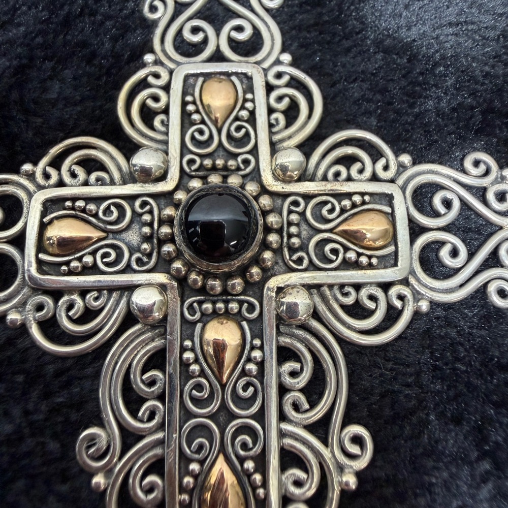 Signed BA Sterling‎ Silver 18k Gold Black Onyx Filigree Cross Pendant Wt. 22.95g - Picture 2 of 14